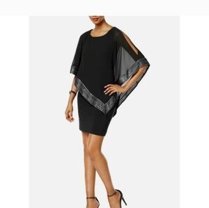 NWT SLNY Dress Silver Evening Cocktail Trim Poncho Chiffon Sheer Sz 14